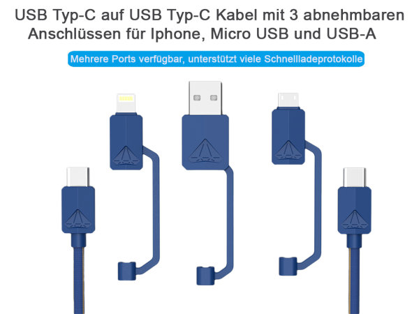 USB-PDC-3 Multifunktionales USB-Daten und Lade Kabel 1,2m bis 3A max 65W